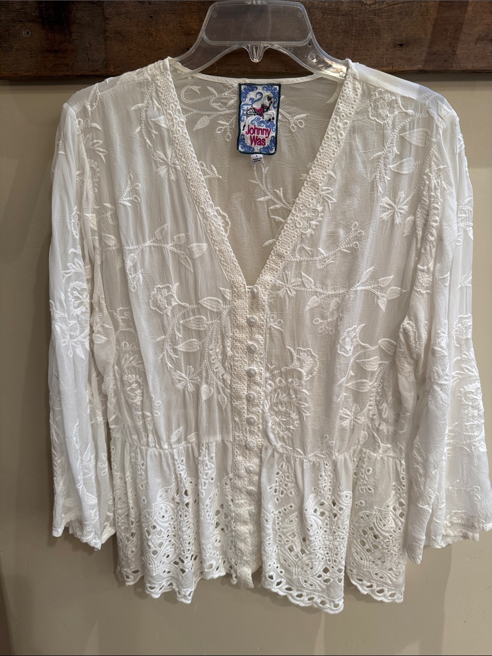 Johnny Was White Embroidered V-Neck Eyelet Peplum Top